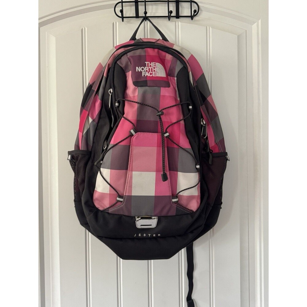 The North Face Jester Backpack Pink Plaid Strings Hiking School Adjustable 20x15